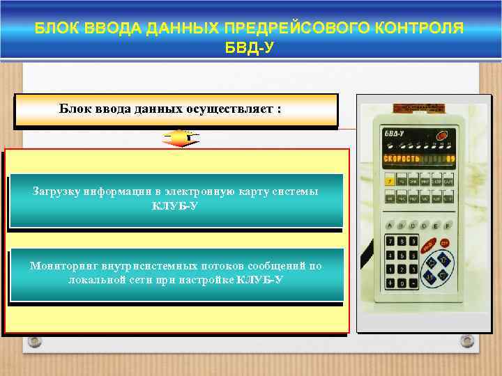 БЛОК ВВОДА ДАННЫХ ПРЕДРЕЙСОВОГО КОНТРОЛЯ БВД-У Блок ввода данных осуществляет : Загрузку информации в