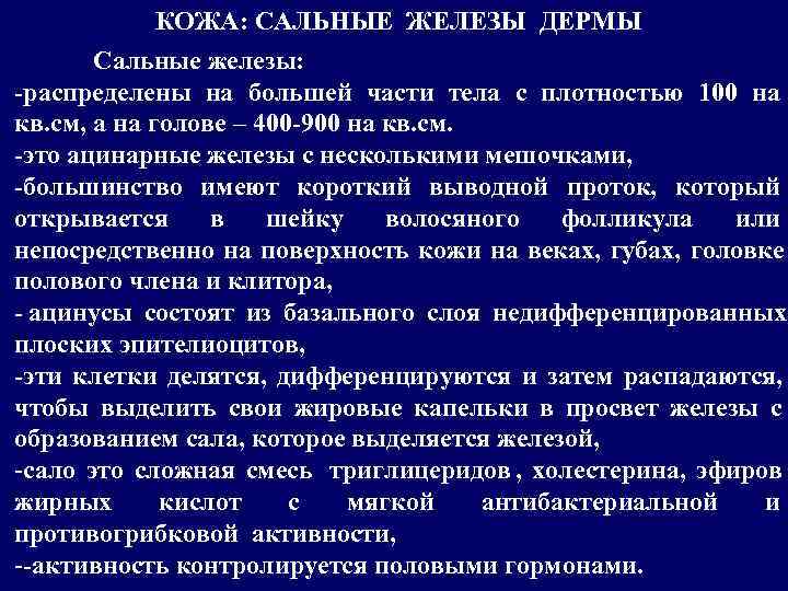    КОЖА: САЛЬНЫЕ ЖЕЛЕЗЫ ДЕРМЫ  Сальные железы: -распределены на большей части