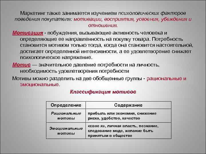   Маркетинг также занимается изучением психологических факторов поведения покупателя: мотивации, восприятия, усвоения, убеждения