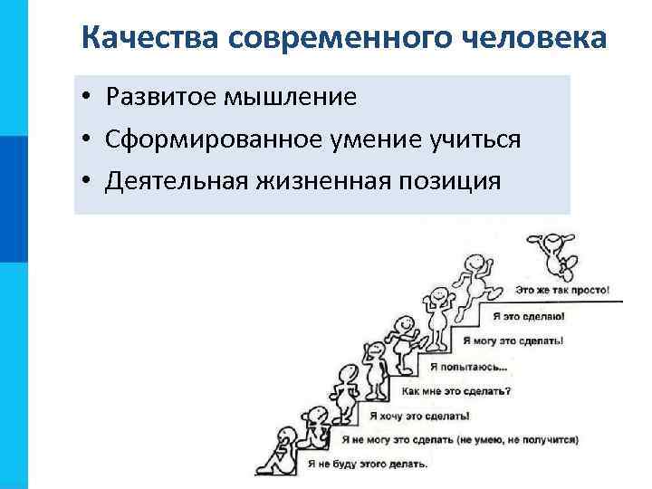 Качества современного человека • Развитое мышление • Сформированное умение учиться • Деятельная жизненная позиция