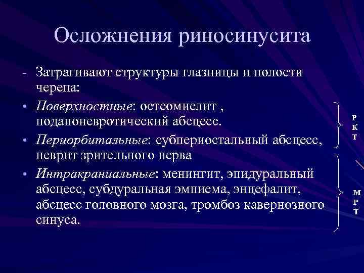 Осложнения риносинусита - Затрагивают структуры глазницы и полости черепа: • Поверхностные: остеомиелит , подапоневротический