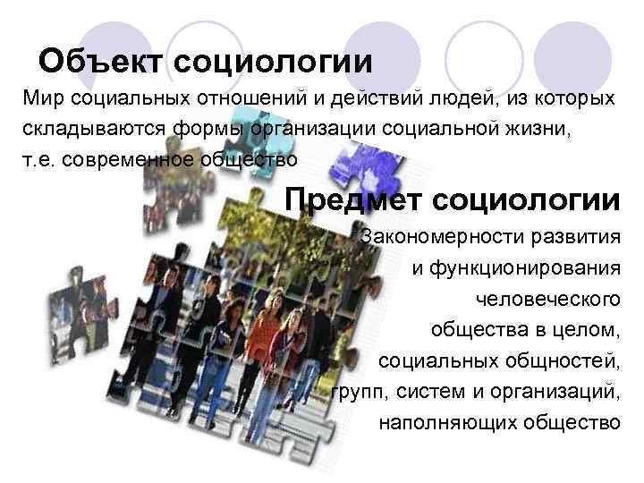  Объект социологии Мир социальных отношений и действий людей, из которых складываются формы организации