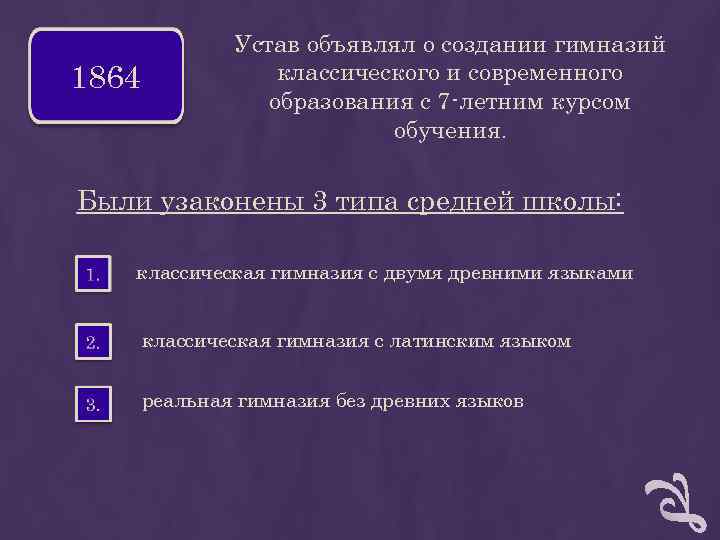 Устав объявлял о создании гимназий 1864 классического Устав объявлял о создании гимназий 1864 классического