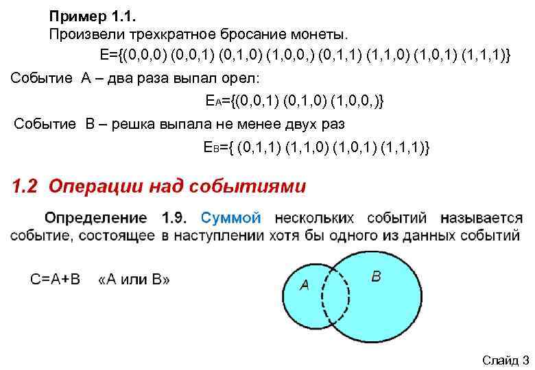   Пример 1. 1. Произвели трехкратное бросание монеты.  E={(0, 0, 0) (0,
