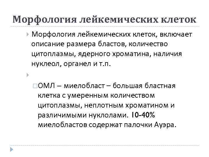 Морфология лейкемических клеток, включает  описание размера бластов, количество  цитоплазмы, ядерного хроматина, наличия