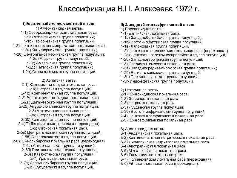     Классификация В. П. Алексеева 1972 г.  I) Восточный амеро-азиатский