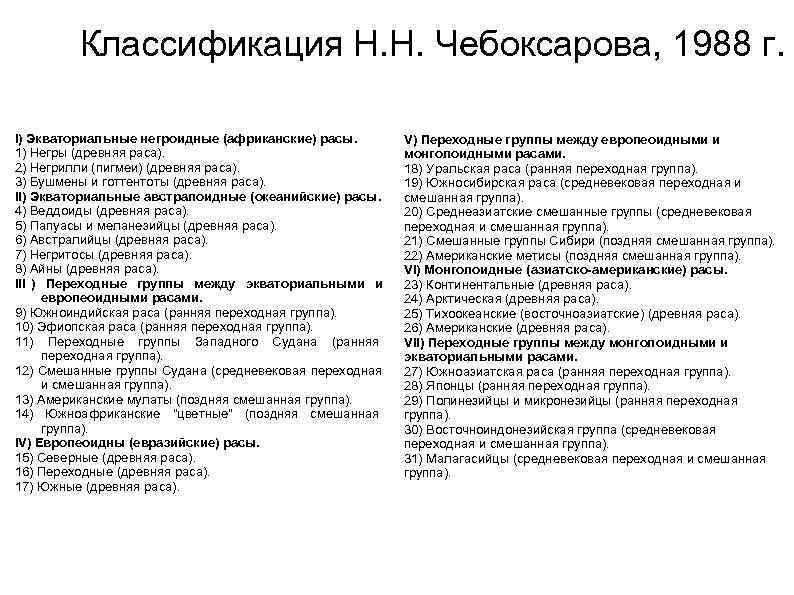    Классификация Н. Н. Чебоксарова, 1988 г.  I) Экваториальные негроидные (африканские)