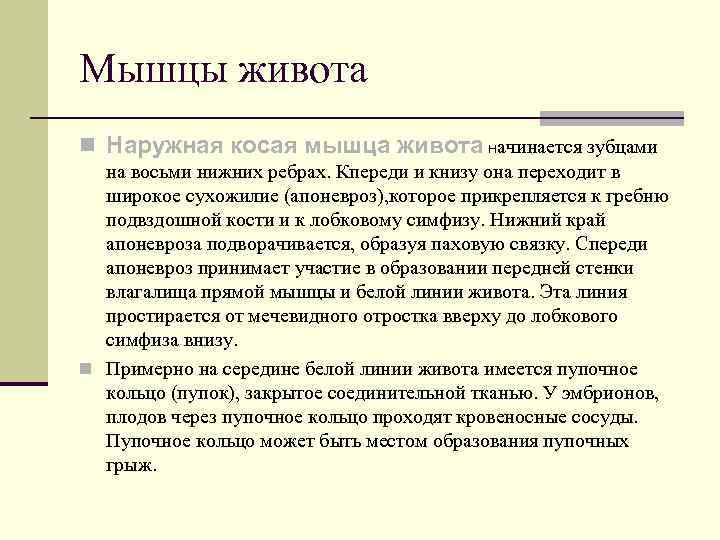 Мышцы живота n Наружная косая мышца живота начинается зубцами  на восьми нижних ребрах.