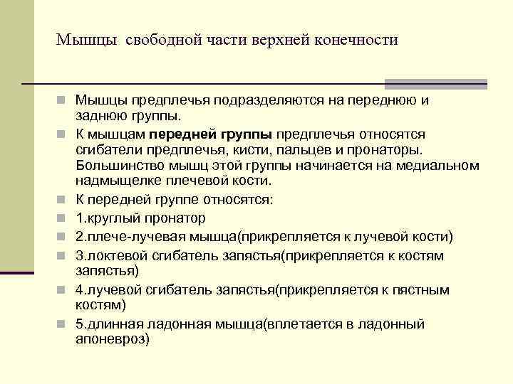 Мышцы свободной части верхней конечности  n Мышцы предплечья подразделяются на переднюю и заднюю