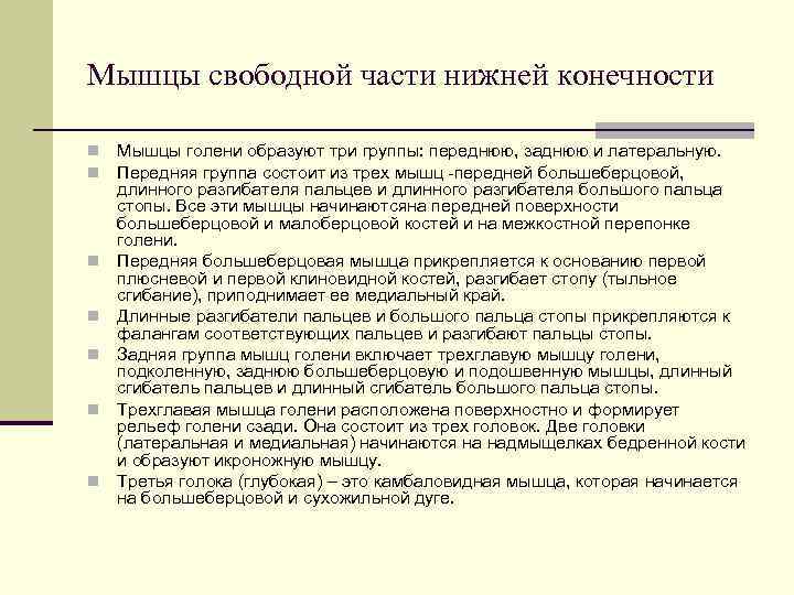 Мышцы свободной части нижней конечности n  Мышцы голени образуют три группы: переднюю, заднюю