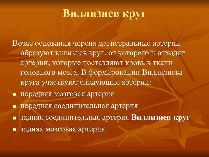    Виллизиев круг Возле основания черепа магистральные артерии  образуют вилизиев круг,