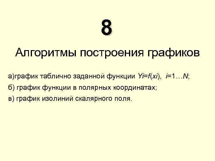      8 Алгоритмы построения графиков а)график таблично заданной функции Yi=f(xi),