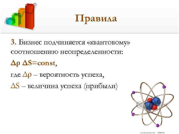    Правила 3. Бизнес подчиняется «квантовому» соотношению неопределенности: Δρ ΔS=const, где Δρ