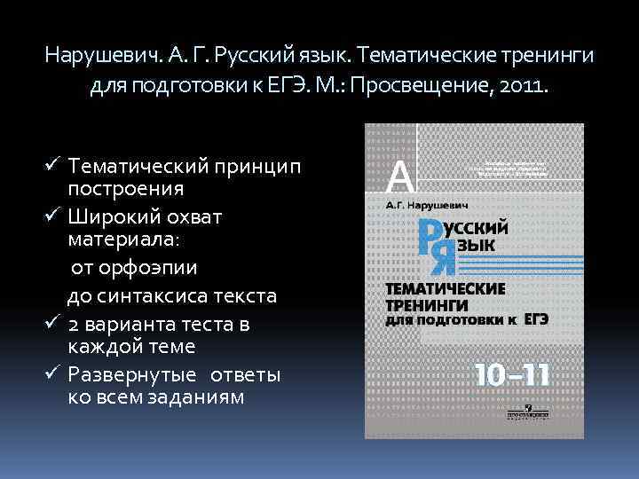 Нарушевич. А. Г. Русский язык. Тематические тренинги для подготовки к ЕГЭ. М. : Просвещение, Нарушевич. А. Г. Русский язык. Тематические тренинги для подготовки к ЕГЭ. М. : Просвещение,