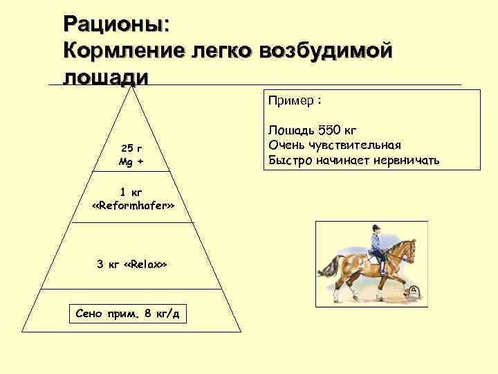 Рационы: Кормление легко возбудимой лошади Пример : Рационы: Кормление легко возбудимой лошади Пример :