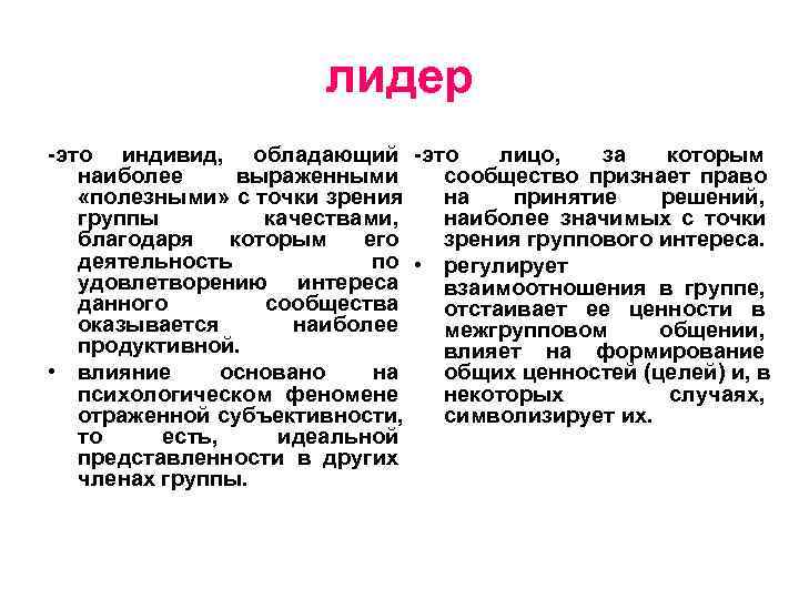 лидер -это индивид, обладающий -это лицо, за лидер -это индивид, обладающий -это лицо, за