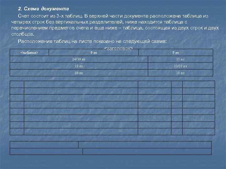   2. Схема документа  Счет состоит из 3 -х таблиц. В верхней