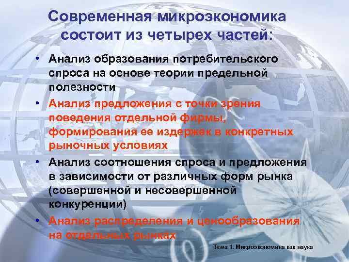  Современная микроэкономика  состоит из четырех частей:  • Анализ образования потребительского 