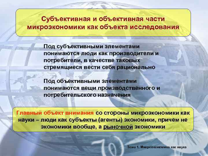  Субъективная и объективная части микроэкономики как объекта исследования  Под субъективными элементами 