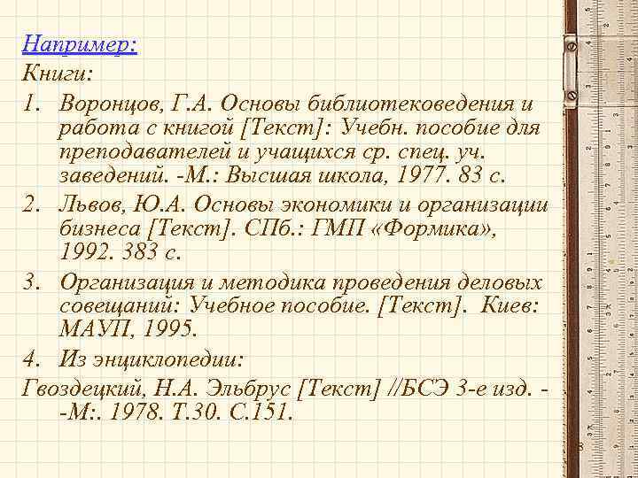 Например: Книги: 1. Воронцов, Г. А. Основы библиотековедения и  работа с книгой [Текст]: