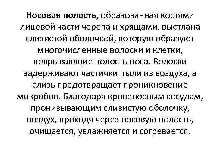  Носовая полость, образованная костями лицевой части черепа и хрящами, выстлана  слизистой оболочкой,