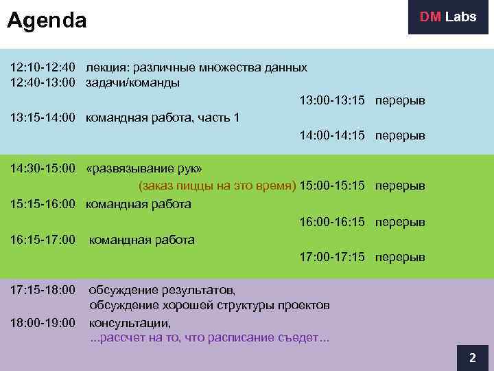 Agenda     DM Labs  12: 10 -12: 40 лекция: различные