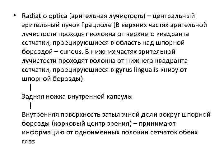  • Radiatio optica (зрительная лучистость) – центральный  зрительный пучок Грациоле (В верхних