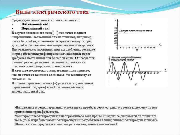 Виды электрического тока Среди видов электрического тока различают:  •  Постоянный ток: