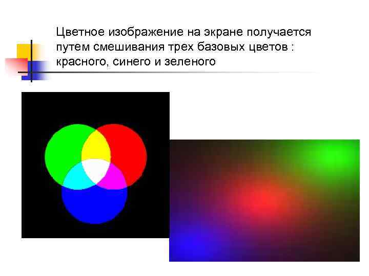 Передач цветным. Основные цвета монитора. Базовые цвета монитора. Смешение трех основных цветов. Три основных цвета на экране.
