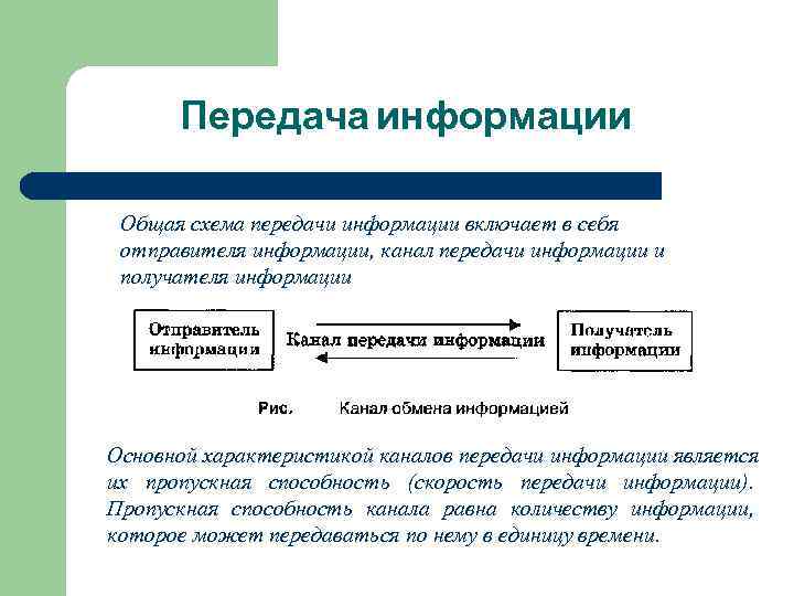  Передача информации  Общая схема передачи информации включает в себя отправителя информации, канал