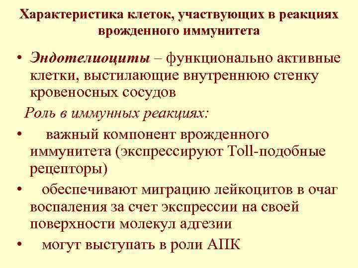 Характеристика клеток, участвующих в реакциях  врожденного иммунитета • Эндотелиоциты – функционально активные 