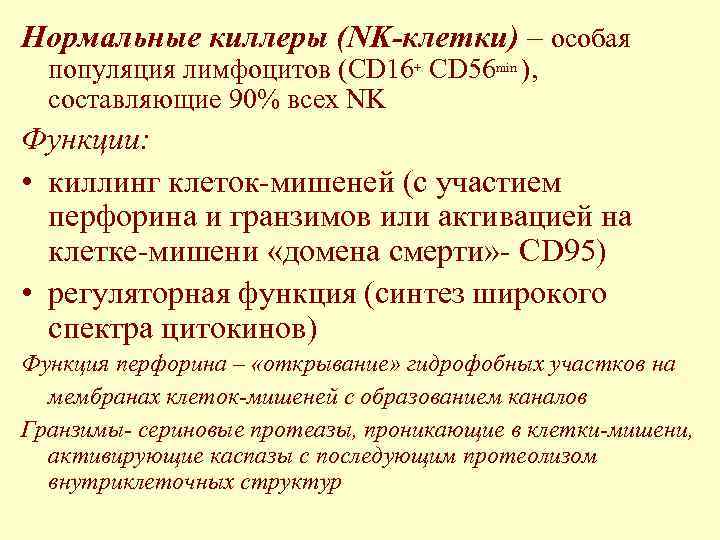 Нормальные киллеры (NK-клетки) – особая  популяция лимфоцитов (CD 16+ CD 56 min ),