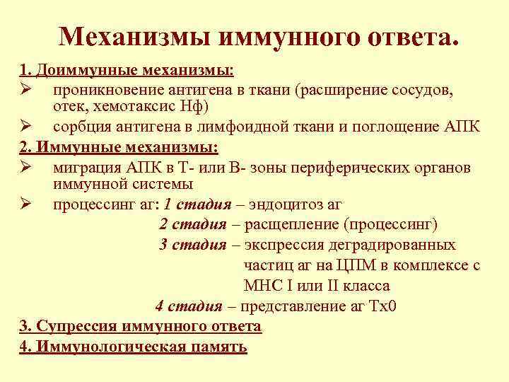  Механизмы иммунного ответа. 1. Доиммунные механизмы: Ø проникновение антигена в ткани (расширение сосудов,