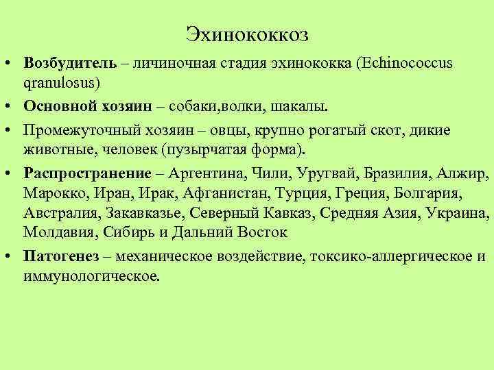     Эхинококкоз • Возбудитель – личиночная стадия эхинококка (Echinococcus  qranulosus)