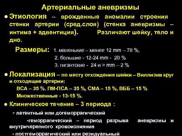 Артериальные аневризмы l Этиология – врожденные аномалии строения стенки артерии (сред. слоя) (стенка аневризмы