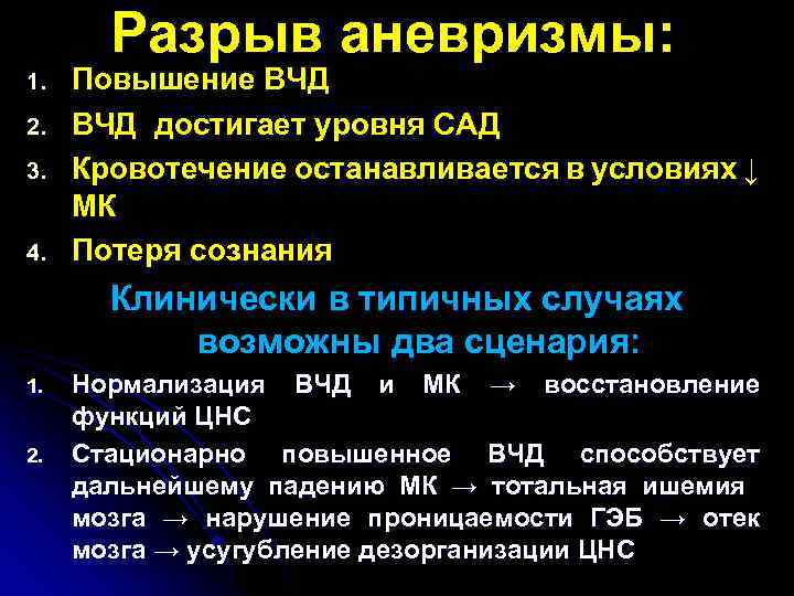 Разрыв аневризмы: 1. 2. 3. 4. Повышение ВЧД достигает уровня САД Кровотечение останавливается в