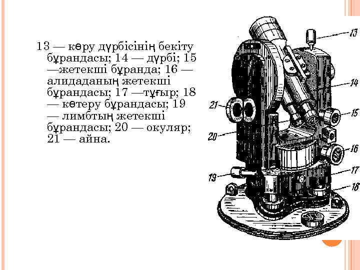 13 — көру дүрбісінің бекіту  бұрандасы; 14 — дүрбі; 15  —жетекші бұранда;
