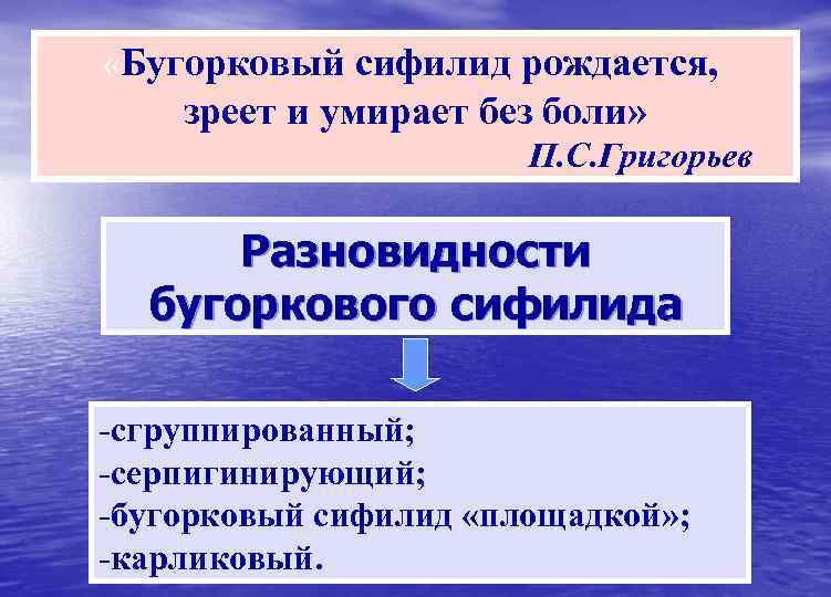  «Бугорковый сифилид рождается, зреет и умирает без боли»     П.
