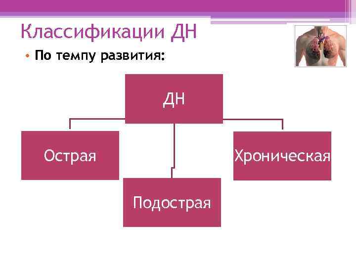 Классификации ДН • По темпу развития: ДН Острая Хроническая Подострая 