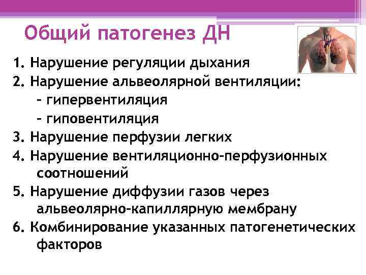 Общий патогенез ДН 1. Нарушение регуляции дыхания 2. Нарушение альвеолярной вентиляции: - гипервентиляция -