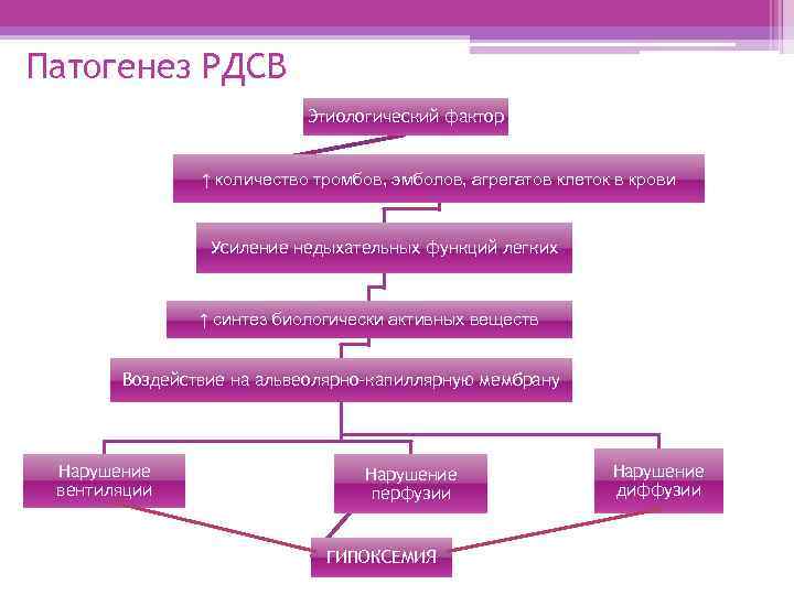Патогенез РДСВ Этиологический фактор ↑ количество тромбов, эмболов, агрегатов клеток в крови Усиление недыхательных