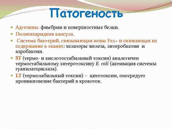     Патогеность  Адгезины: фимбрии и поверхностные белки.  Полисахаридная капсула.