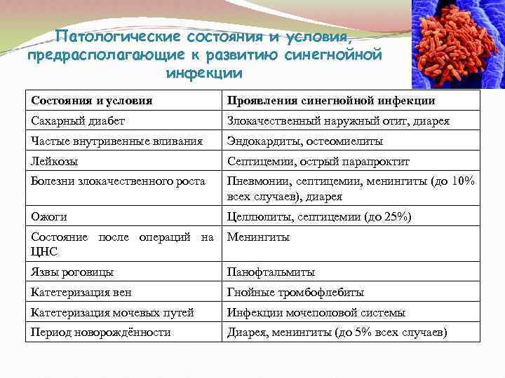   Патологические состояния и условия, предрасполагающие к развитию синегнойной    инфекции