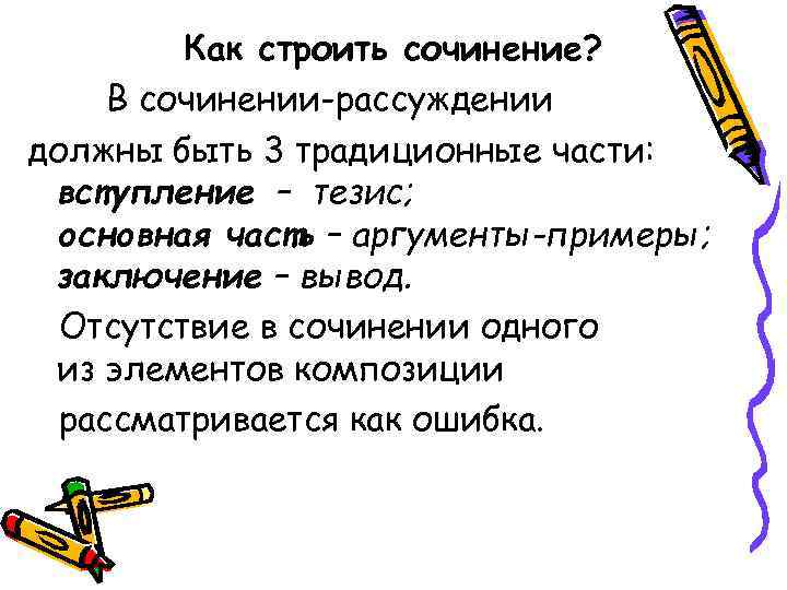    Как строить сочинение?  В сочинении-рассуждении должны быть 3 традиционные части: