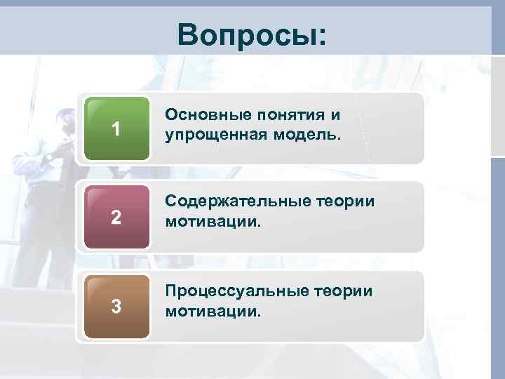  Вопросы:  Основные понятия и 1  упрощенная модель.  Содержательные теории 2