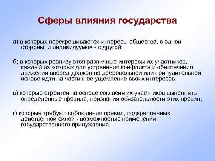   Сферы влияния государства а) в которых перекрещиваются интересы общества, с одной стороны,
