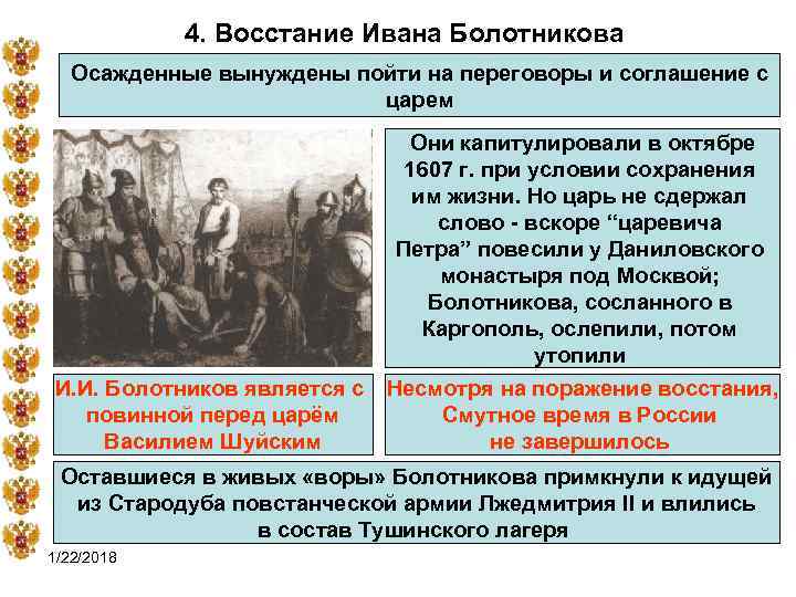   4. Восстание Ивана Болотникова  Осажденные вынуждены пойти на переговоры и соглашение