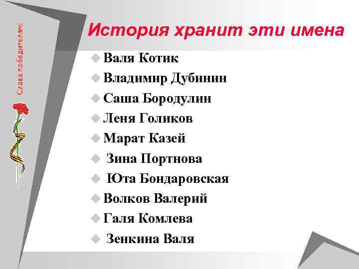 История хранит эти имена u Валя Котик u Владимир Дубинин u Саша Бородулин u