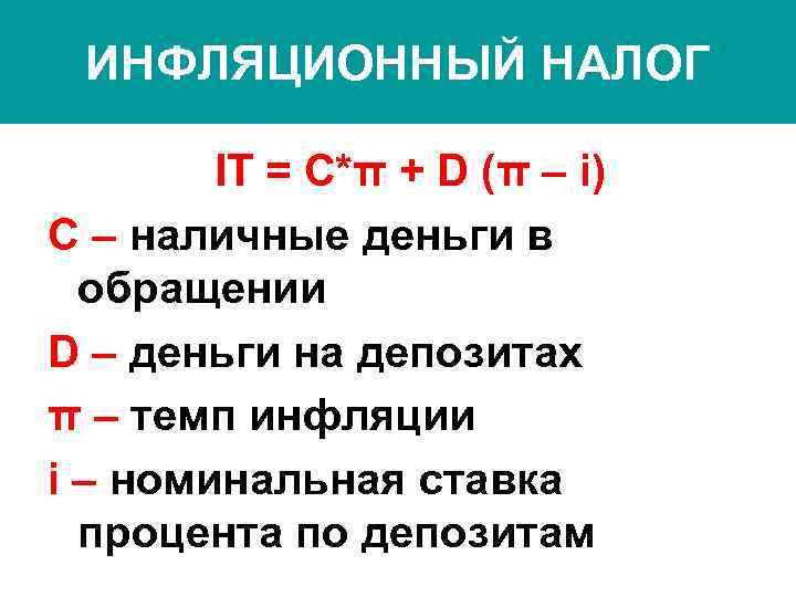  ИНФЛЯЦИОННЫЙ НАЛОГ   IT = C*π + D (π – i) C