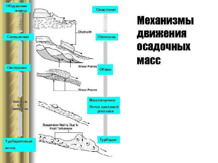 Обрушение пород Скольжение Оползание Олистолит Оползень Обвал Массоперенос Поток каменной россыпи Турбидитовый поток Турбидит
